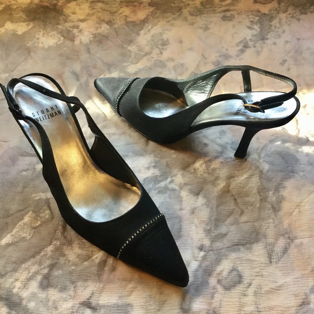 Stuart Weitzman Satin Rhinestone Sling Back Heels